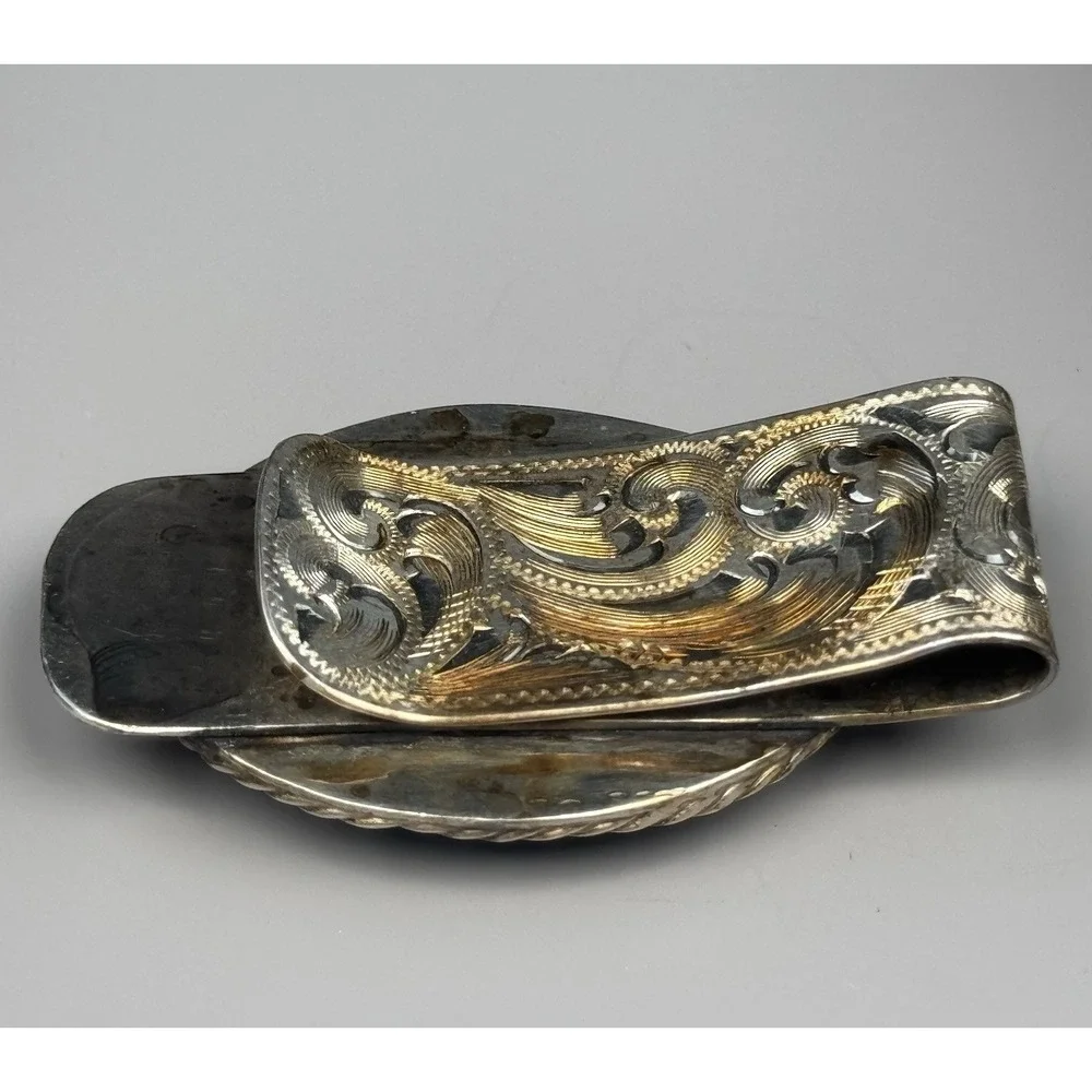 Sterling Silver Black Onyx Money Clip Vintage Hand Engraved Western 45.7g